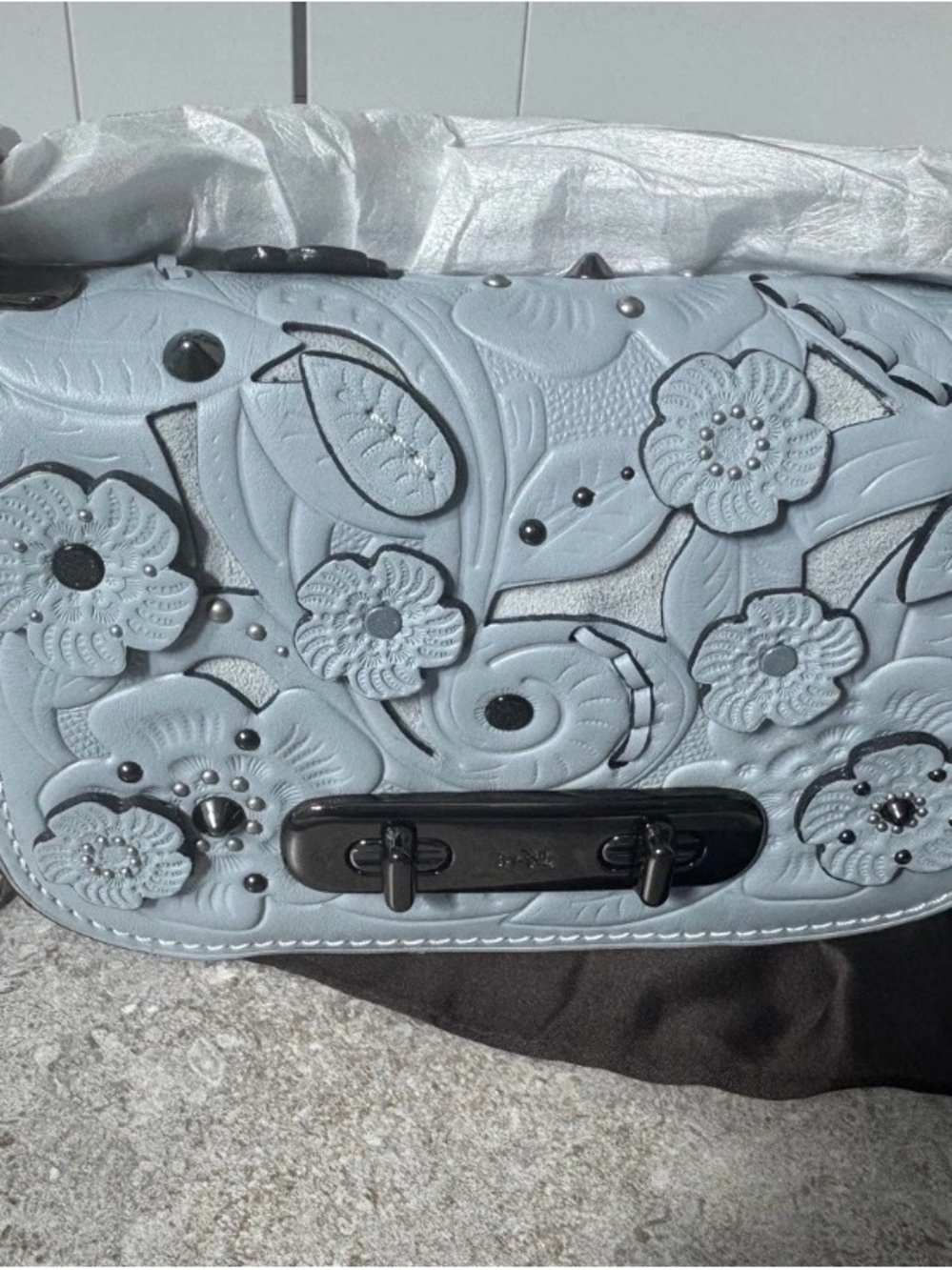 Coach Pale Blue Floral Leather Crossbody with Gunmetal Chain - Picture 6 of 13
